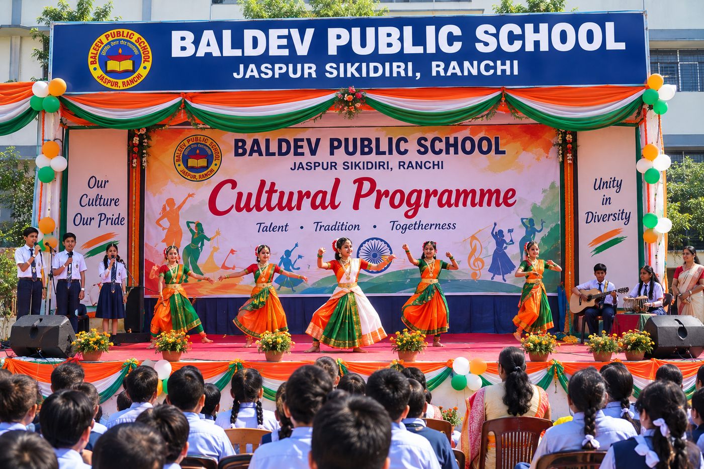 Students performing a dance on stage at the cultural programme