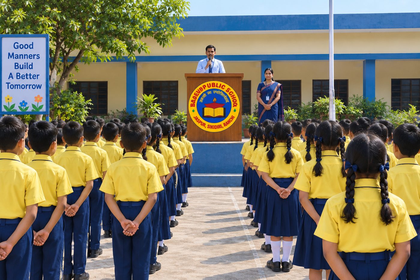 Students in yellow and blue uniform standing in rows at morning assembly
