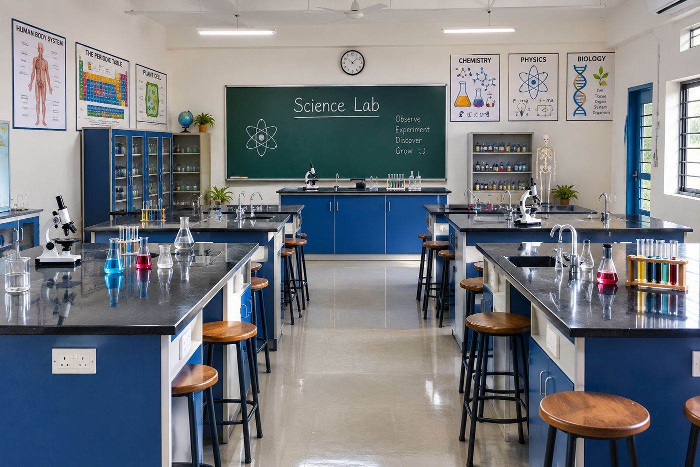 Science laboratory with benches, microscopes and test tubes